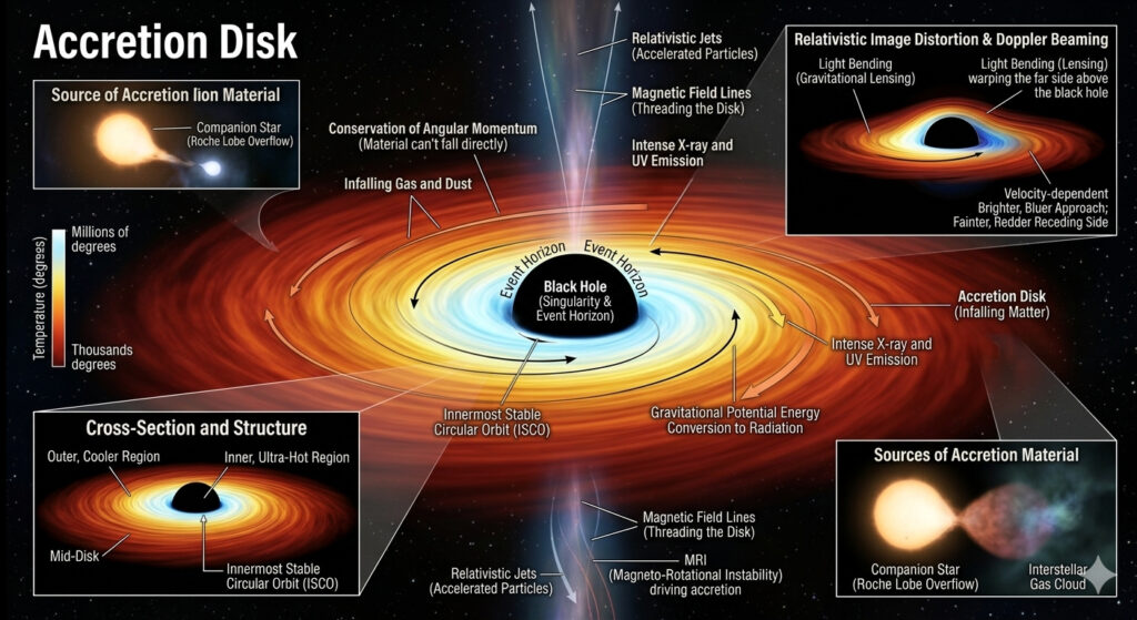 Physik der Akkretionsscheiben. Wissenschaftliche Infografik einer Akkretionsscheibe um ein Schwarzes Loch. 
