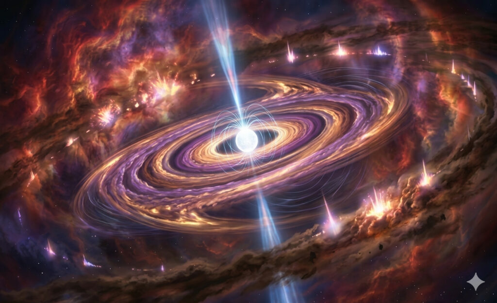 Künstlerische Darstellung eines neugeborenen Magnetars im Zentrum eines Supernova-Überrests. Ein hell leuchtender Neutronenstern ist von einer Akkretionsscheibe aus Gas umgeben. Es bilden sich relativistische Jets, die von den Polen abgehen.