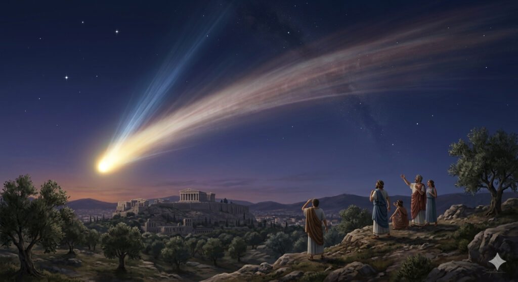 Künstlerische Darstellung des Großen Kometen von 371 v. Chr. in Griechenland. Ursprungskomet der Kreutz-Sungrazer Familie